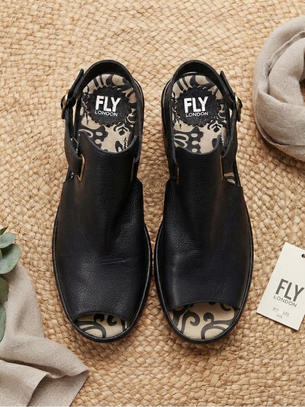 Fly London Black Leather Peep-Toe Slingback Sandals